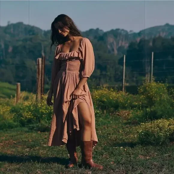 Free People | Dresses | Free People Oasis Midi Dress Tuscany Brown Tan Size  Small Smocked Boho Cotton | Poshmark